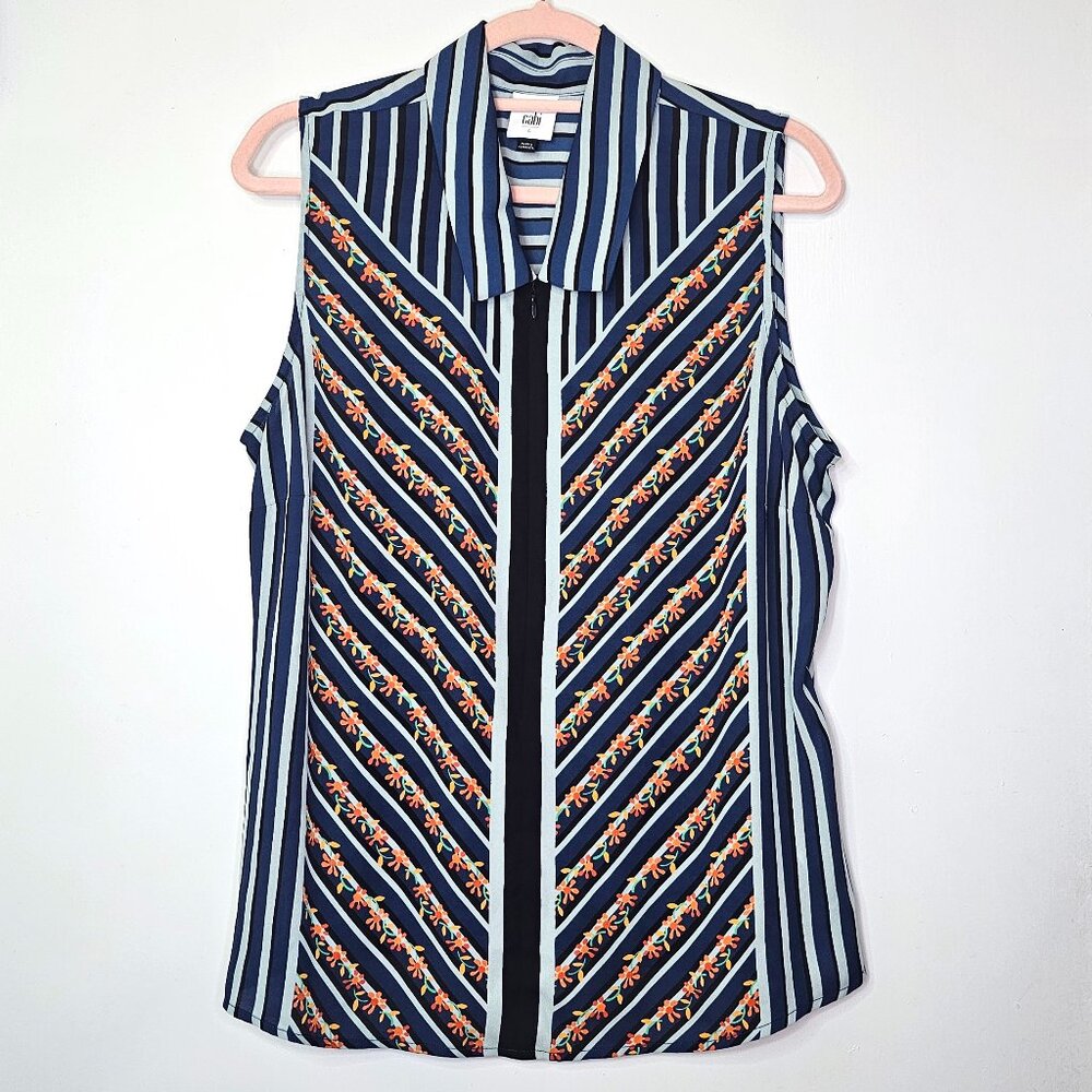 Cabi Chevron Striped Sleeveless Blouse Top w Floral Print L #6318
